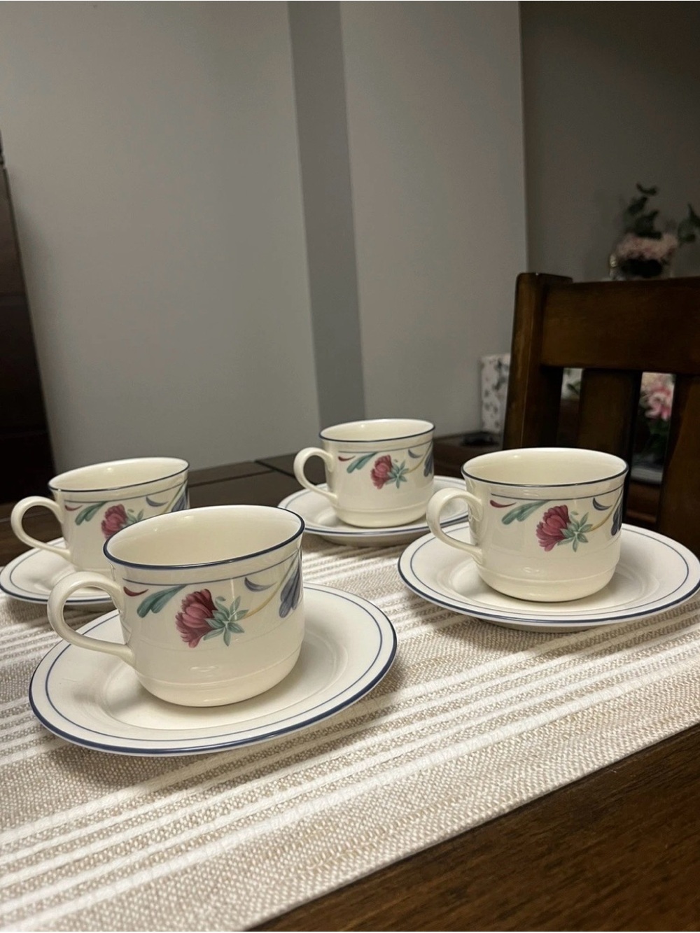 Vintage Lenox Poppies on Blue 4 Cup Saucer Sets 8 Pc USA
